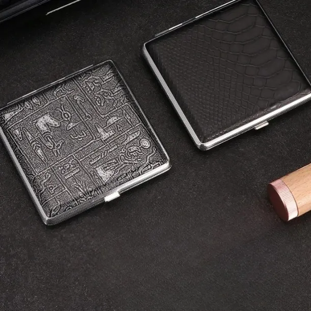 Leather Cigarette Case with Elastic Strap, Metal Frame, Holds 20 Cigarettes, Protective Holder for Hand-Rolled Cigarettes