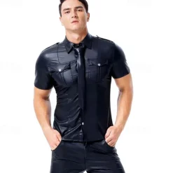 Leather Cop Costume for Men - Faux Leather Uniform Shirt for Pride Parade, Fetish Events, Nightclub & Roleplay