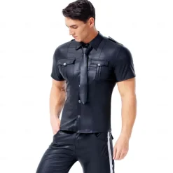 Leather Cop Costume for Men - Faux Leather Uniform Shirt for Pride Parade, Fetish Events, Nightclub & Roleplay