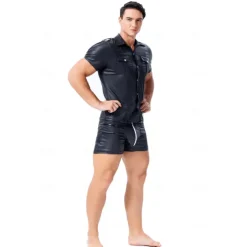 Leather Cop Costume for Men - Faux Leather Uniform Shirt for Pride Parade, Fetish Events, Nightclub & Roleplay