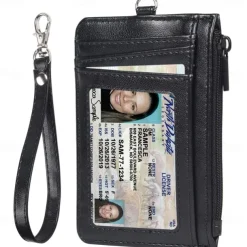 Leather Credit Card Holder Men Women Rfid Business ID Badge Case Porte Bus Card Pass Name Card Cover Slim Wallet With Lanyard