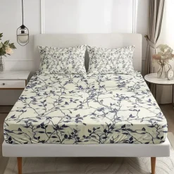 Leaves Pattern Fitted Sheet Set 100% Cotton Ultra Soft Breathable Silky Bed Sheets Deep Pocket Bedding Sheets 3 Piece Queen King Size