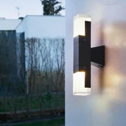 LED Wall Sconce Outdoor Black Metal Up Down Light Fixture IP65 Waterproof Aluminum Sensor Wall Lantern for Porch Patio Garden 85-265V
