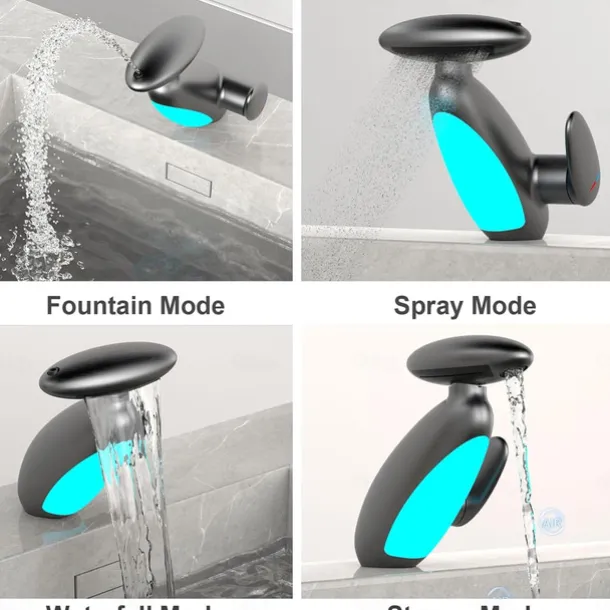 LED Bathroom Sink Faucet, Bathroom Faucet with Removable Sprayer, 4-in-1 Modern, Single Hole Bathroom Faucet, LED Light, Fountain Tap