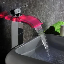 LED Bathroom Sink Mixer Faucet Waterfall Spout 3 Color Temperature, Tall Vessel Taps Single Handle One-hole Monobloc Basin Taps Washroom