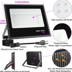 LED Black Lights 1-2 Pack of 30W 60W 120W UV Floodlight 395nm-405nm IP66 Waterproof High-power Black Light Plug with Switch (59in) for Parties Stages UV Resin Curing Paint for Halloween