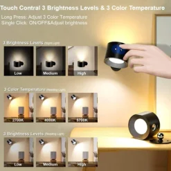 LED Cabinet Lights with Remote, Rechargeable Wall Mounted Lamp 3000mAh, 3 Color Temperatures Dimmable Magnetic 360° Rotation Cordless Light for Bedroom Bedside Corridor