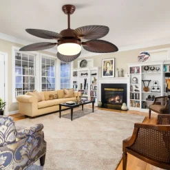 LED Ceiling Fans Palm Leaf Blades 1-Light 130cm Metal 3-Color-Light Nordic Style Bedroom Dining Room 110-240V