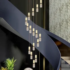 Led Chandelier Light，Metal Crystal Staircase Rotating Long Chandelier, Modern, Simple And Luxurious, Suitable For Villas, Duplex Buildings, Lofts, Apartments And Terraces，Diammable 110-240 V