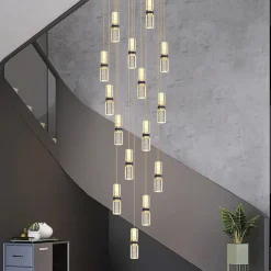 Led Chandelier Light，Metal Crystal Staircase Rotating Long Chandelier, Modern, Simple And Luxurious, Suitable For Villas, Duplex Buildings, Lofts, Apartments And Terraces，Diammable 110-240 V