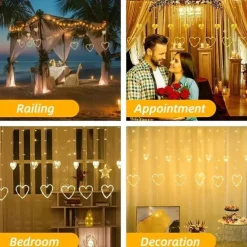 LED Curtain String Lights 126 LED String Light Battery & USB Powered Waterproof Heart Shape Lights 8 Flashing Modes For Girl Valentine's Day Wedding Christmas Restaurant Hotel Window LED Lights