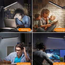 LED Desk Lamp Swing Arm Desk Light with Clamp 3 Lighting 10 Brightness Eye-Caring Modes Reading Desk Lamps for Home Office 360Spin with USB Adapter & Memory Function black-12W