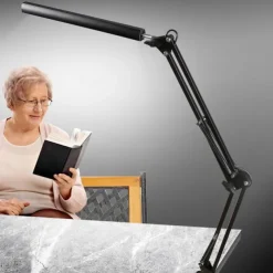 LED Desk Lamp Swing Arm Desk Light with Clamp 3 Lighting 10 Brightness Eye-Caring Modes Reading Desk Lamps for Home Office 360Spin with USB Adapter & Memory Function black-12W