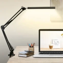 LED Desk Lamp Swing Arm Desk Light with Clamp 3 Lighting 10 Brightness Eye-Caring Modes Reading Desk Lamps for Home Office 360Spin with USB Adapter & Memory Function black-12W