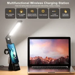LED Desk Lamp with Wireless Charger 3 in 1 Fast Charging Station Touch Control Desk Lamp with Clock Alarm 3 Lighting Modes & Stepless Brightness Home Office Eye-Caring Table Lamps