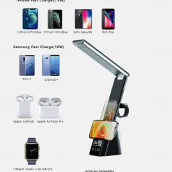 LED Desk Lamp with Wireless Charger 3 in 1 Fast Charging Station Touch Control Desk Lamp with Clock Alarm 3 Lighting Modes & Stepless Brightness Home Office Eye-Caring Table Lamps