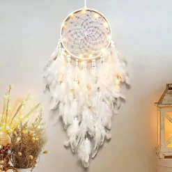 LED Dream Catcher White Feather Fairy Lights Creative Wall Hanging Holiday Bedroom Home Wedding Balcony Garden Decoration Wind Chimes Light Birthday Blessing Gift