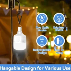 LED Emergency Light Bulb 3600mAH Battery USB Rechargeable 5 Lighting Modes Energy-Saving Lamp with Hook for Outdoor Picnic Camping Tent Night Market 200W