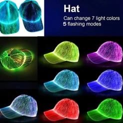 LED Fiber Optic Cap with 7 Colors, USB Rechargeable Glowing Baseball Hat for Party, Event, Holiday Light-Up Hat