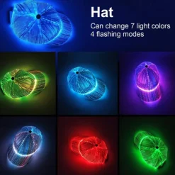 LED Fiber Optic Cap with 7 Colors, USB Rechargeable Glowing Baseball Hat for Party, Event, Holiday Light-Up Hat