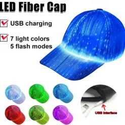 LED Fiber Optic Cap with 7 Colors, USB Rechargeable Glowing Baseball Hat for Party, Event, Holiday Light-Up Hat