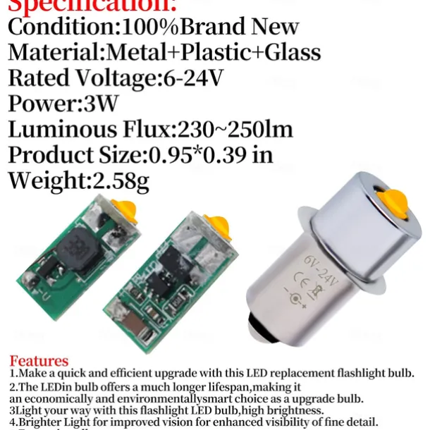 LED Flashlight Bulb P13.5S 3W Multi-Voltage Non-Polarity Torch Lantern Bulbs, 2pcs 6V-24V