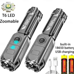 LED Flashlight USB Super Bright Zoomable USB Rechargeable T6 Tactical Torch for Camping Hiking Fishing Outdoor Hunting 3.7V