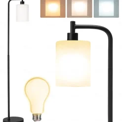 LED Floor Lamp with Suspended Frosted Glass Lampshade and Unique Intelligent or Dual Color LED Bulb Suitable for High Pole Lamp in Bedroom Living Room and Office AC220V AC110V