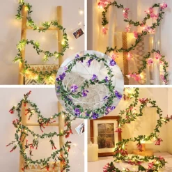 LED Flower Lights Green Ivy Leaves Fairy String Lights 2M 20LEDs Battery Operated Artificial Garland Plant Vine Fairy Light For Bedroom Wedding Party Holiday Patio