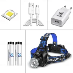 LED Headlamp with Sensor Fishing Headlight L2/P50 3 Modes Zoomable Waterproof Super Bright Camping Light Powered by 2x18650 Batteries