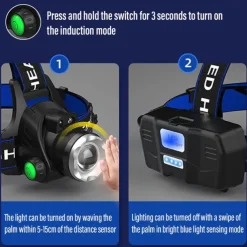 LED Headlamp with Sensor Fishing Headlight L2/P50 3 Modes Zoomable Waterproof Super Bright Camping Light Powered by 2x18650 Batteries