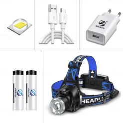 LED Headlamp with Sensor Fishing Headlight L2/P50 3 Modes Zoomable Waterproof Super Bright Camping Light Powered by 2x18650 Batteries