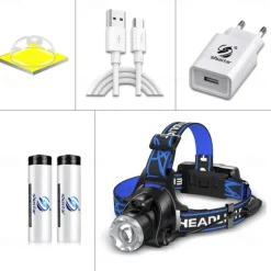 LED Headlamp with Sensor Fishing Headlight L2/P50 3 Modes Zoomable Waterproof Super Bright Camping Light Powered by 2x18650 Batteries