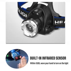 LED Headlamp with Sensor Fishing Headlight L2/P50 3 Modes Zoomable Waterproof Super Bright Camping Light Powered by 2x18650 Batteries