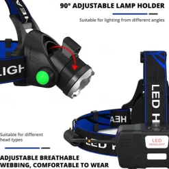 LED Headlamp with Sensor Fishing Headlight L2/P50 3 Modes Zoomable Waterproof Super Bright Camping Light Powered by 2x18650 Batteries