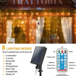 LED Icicle Lights 3/5M 256LED Fairy String Light Outdoor Solar Power Curtain Lights for Window Christmas Party Garden Yard Holiday Decor Lighting With Remote Controller