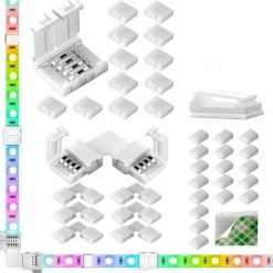 LED Light Strip Connectors 10mm Unwired 4 Pin RGB LED Lights Connectors kit 12 Gapless Connectors 6 L Shape Connectors for SMD 5050 Multicolor LED Strip 5V-24V