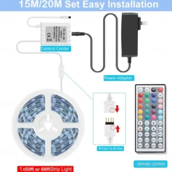 LED Light Strip 15m/20m 50ft 65.6ft RGB Color Change LED Light Strip Kit with IR44 Key Remote Control for Bedroom Lighting Flexible Home Decoration