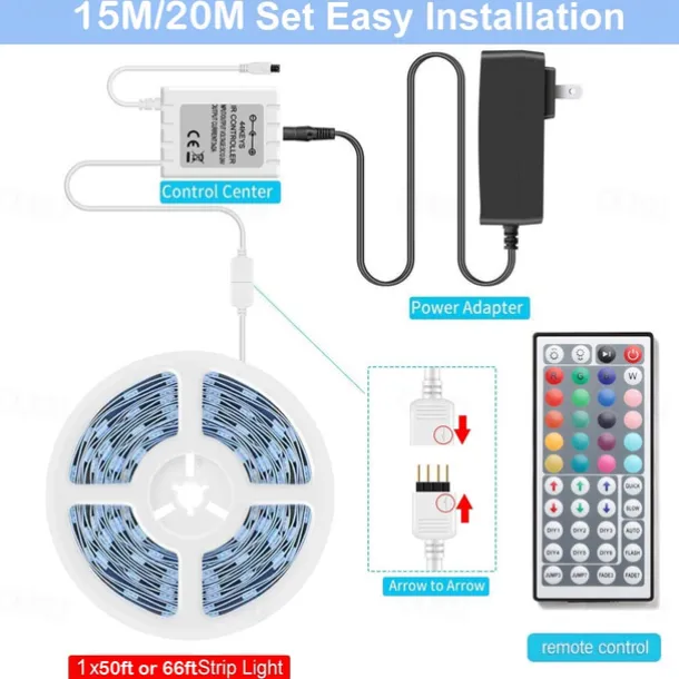 LED Light Strip 15m/20m 50ft 65.6ft RGB Color Change LED Light Strip Kit with IR44 Key Remote Control for Bedroom Lighting Flexible Home Decoration