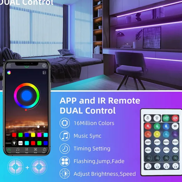 LED Light Strip 15m/20m 50ft 65.6ft RGB Color Change LED Light Strip Kit with IR44 Key Remote Control for Bedroom Lighting Flexible Home Decoration