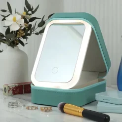 LED Lighted Makeup Mirror with Adjustable Brightness, Portable Vanity Mirror with Built-in Organizer, Travel Cosmetic Case with Jewelry Storage, USB Rechargeable