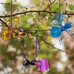 LED Luminous Simulation Insect Iron Ornaments Creative Painted Handicraft Pendants with Long Wings Ants Butterflies Home Courtyard Garden Decoration Pendants 1PC