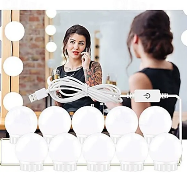 LED Makeup Vanity Lights Stick on Mirror with 10 dimmable Bulbs USB 4.6m 15ft Cable White