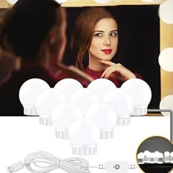 LED Makeup Vanity Lights Stick on Mirror with 10 dimmable Bulbs USB 4.6m 15ft Cable White