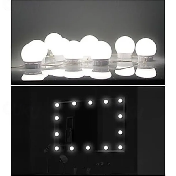 LED Makeup Vanity Lights Stick on Mirror with 10 dimmable Bulbs USB 4.6m 15ft Cable White