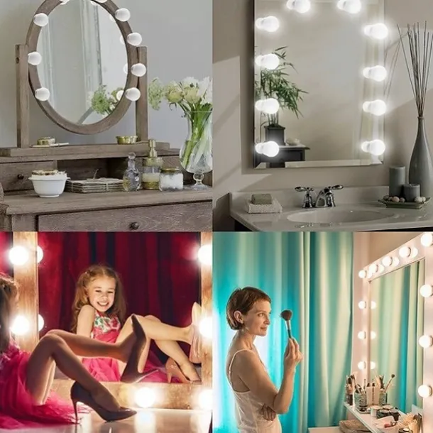 LED Makeup Vanity Lights Stick on Mirror with 10 dimmable Bulbs USB 4.6m 15ft Cable White