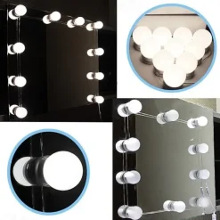 LED Makeup Vanity Lights Stick on Mirror with 10 dimmable Bulbs USB 4.6m 15ft Cable White