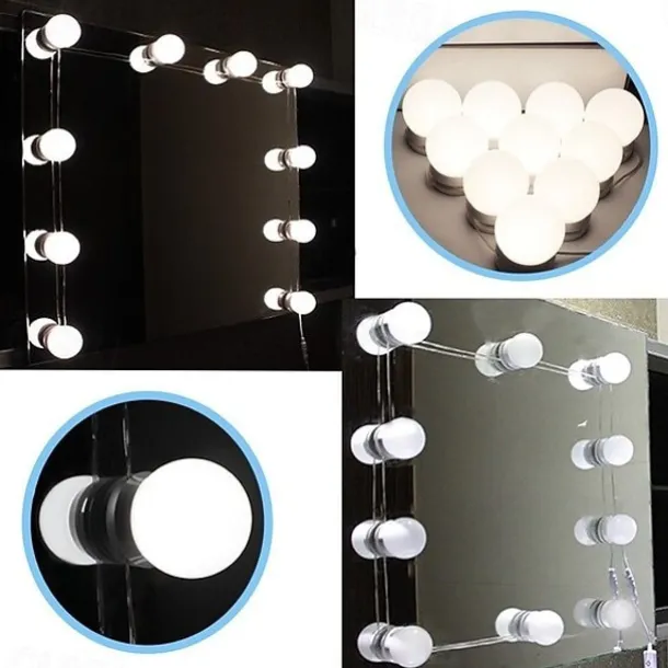 LED Makeup Vanity Lights Stick on Mirror with 10 dimmable Bulbs USB 4.6m 15ft Cable White