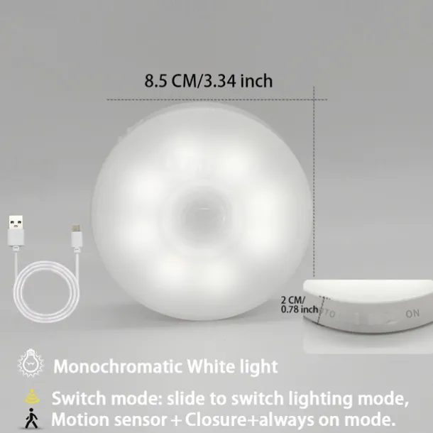 8LED Motion Sensor LED Night Light Smart Switch Sensor Light USB Rechargeable Battery Driven Bathroom Bedside Light For Room Hallway Access Bathroom Home Lighting