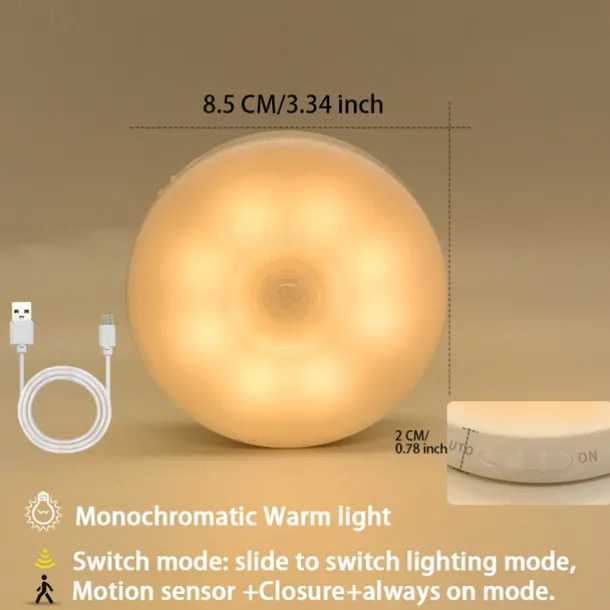 8LED Motion Sensor LED Night Light Smart Switch Sensor Light USB Rechargeable Battery Driven Bathroom Bedside Light For Room Hallway Access Bathroom Home Lighting